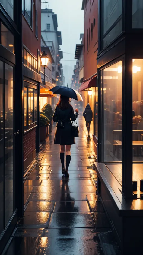 rain,Inside the cafe,A broader perspective,Chic cityscape,busy,mysterious,warm color,明るい