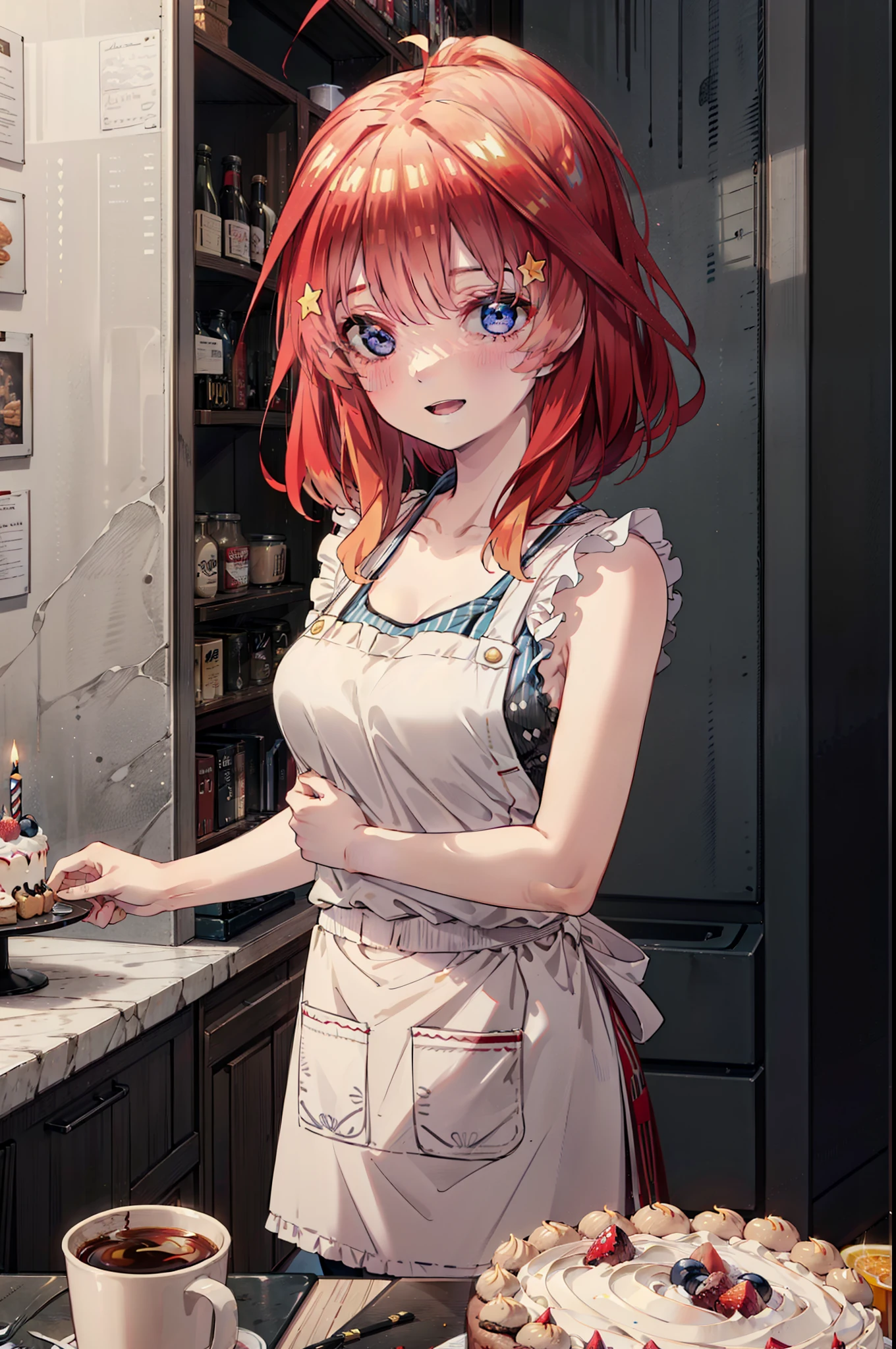 itsukinakano, Itsuki Nakano, bangs, blue eyes, Hair between the eyes, Ahoge, Redhead, star \(symbol\), hair ornaments,happy smile, smile, Open your mouth,cracker, star hair ornaments,Red Tank Top,Long skirt,Black pantyhose,apron,Walking,There is food and a birthday cake on the table,
break indoors, room,
break looking at viewer,Upper Body,
break (masterpiece:1.2), Highest quality, High resolution, unity 8k wallpaper, (figure:0.8), (Beautiful attention to detail:1.6), Highly detailed face, Perfect lighting, Highly detailed CG, (Perfect hands, Perfect Anatomy),