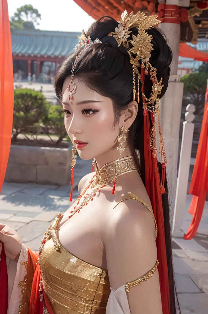 best quality, 8k, very delicate and beautiful, highly detailed face and skin texture, shiny skin, high resolution, big tits sexy chinese girl in colorfull costume stand in ancient temple, sharp focus