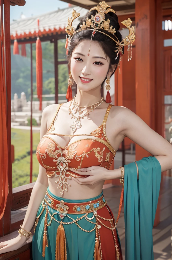 best quality, 8k, very delicate and beautiful, highly detailed face and skin texture, shiny skin, high resolution, huge tits sexy chinese girl in colorfull costume stand and smile in ancient temple, sharp focus
