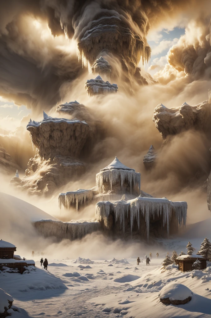 masterpiece, best quality, extremely detailed, hyperrealistic, photorealistic, sandstorm, frozen island, giant snow moutain, frozen waterfall, icicles, explosion, everything is getting sand, ominous atmosphere
