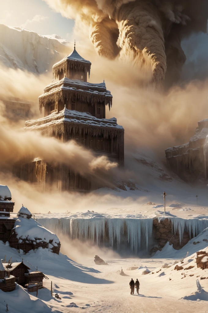 masterpiece, best quality, extremely detailed, hyperrealistic, photorealistic, sandstorm, frozen island, giant snow moutain, frozen waterfall, icicles, explosion, everything is getting sand, ominous atmosphere
