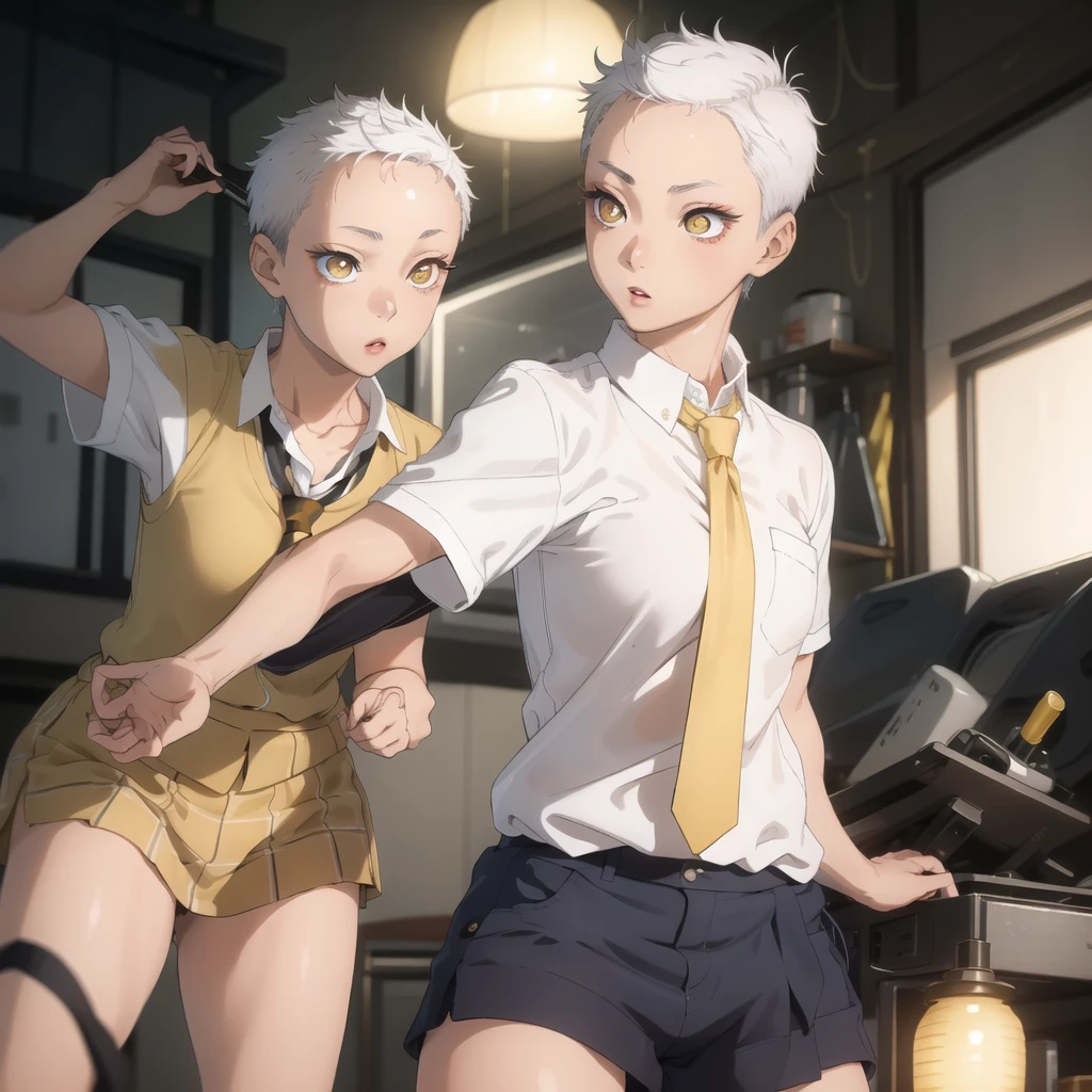 Marín kitagawa ((masterpiece, best quality)),(complex lighting),solo,1girl, medium view, white hair, yellow eyes, tomboy, very short hair, forehead ,dark skin, tan, yellow eyes,  lipstick, forest,  white shirt, necktie,