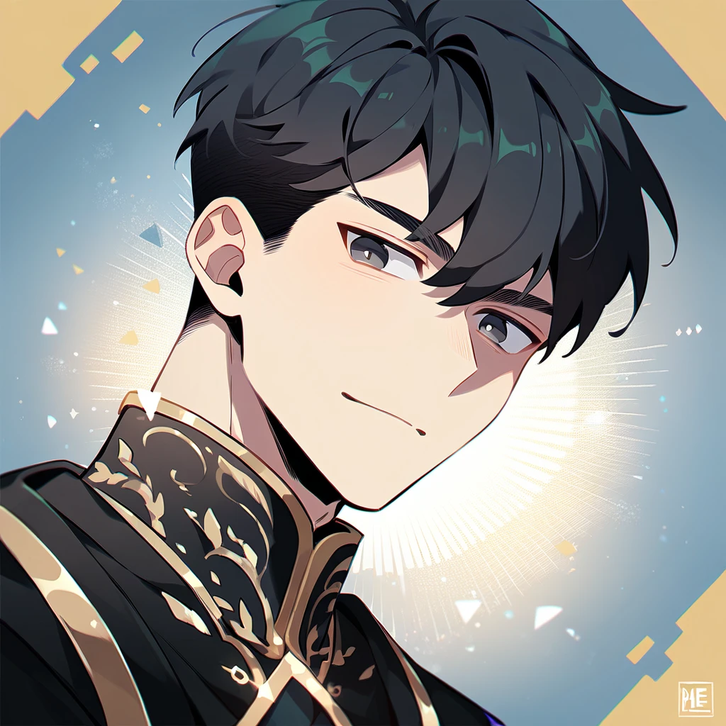 1 young man, focus man , No smile, human, short hair, black hair, dark black eyes ,He wore a black robe with some gold embroidery. , Wear black jewelry , Fantasy, The best aesthetics , best quality, Amazing quality, The best aesthetics
