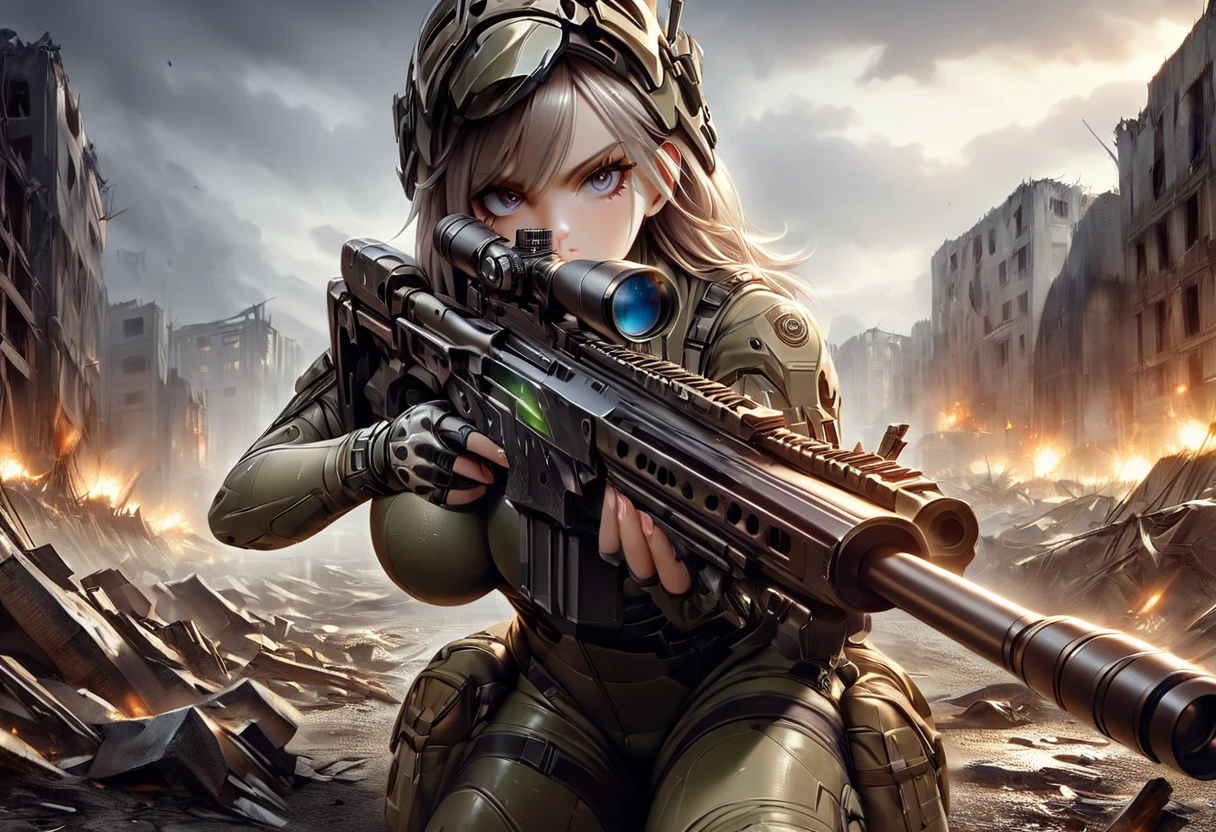 Young and very beautiful female sniper, aiming the muzzle of her sniper rifle at the viewer, detailed ideal proportions, shapely large breasts, detailed face, beautiful eyes, long eyelashes, serious expression, tactical helmet, camouflage latex suit, tactical equipment, sniper rifle, war-torn landscape, cloudy, foggy, ruins, wreckage, cinematic lighting, grainy, gloomy, dark, muted colors, realistic, 8k, high resolution, detailed description, masterpiece