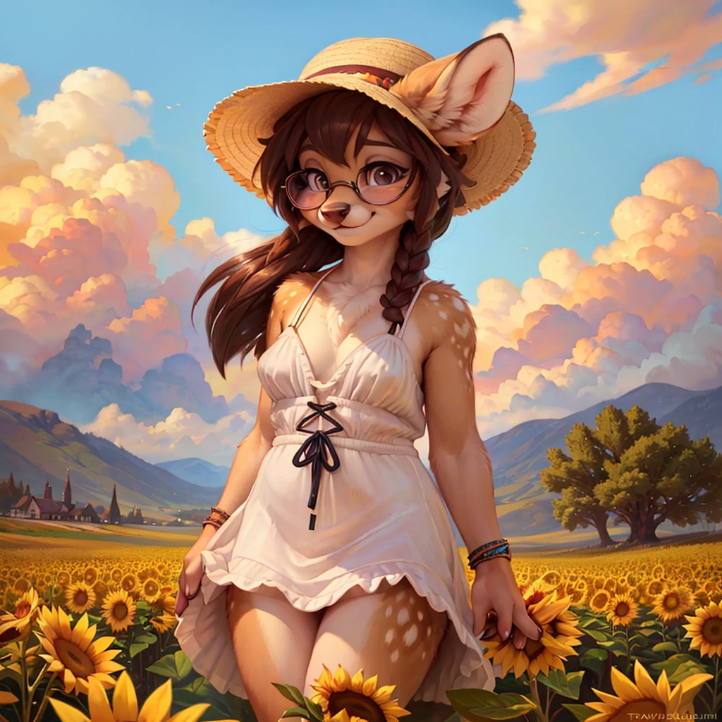 uploaded on e621, by Pixelsketcher, by Bayard Wu, by Thomas Benjamin Kennington , by Einshelm, by hioshiru and kenket, Chunie, portrait, solo anthro female deer doe, with small featureless breasts, clear dark blue, cinematic lighting, day, sunny day, sunflower field, stands in a high sunflower field, sunflower field background, sunflowers, mediterranean background, horizon background, shiny, short curly dark brown hair, wears big black nerd glasses, very very beautiful furry art, furry art, smiling, joyful, shiny, happy, feminine, cute face, muzzle, fluffy chest, flawless face, Fallow deer, 1girl, Sakimichan is beautiful, Masterpiece, Wavethesallow Face, shiny, Detailed image, portrait, Detailed image, portrait, full body, wearing pure white and wide spaghetti straps dress, wearing big and wide beige summer straw hat, shiny, realistic face, perfect anatomy, hourglass body, (furry body:1.1), anthropomorphic deer, looks at the viewer, small fluffy tail, detailed background, (cute anatomy:1.1)
