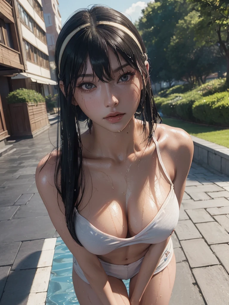 (yor), (Best quality, 8k, Masterpiece :1.3), (realistic, photorealistic: 1.37), (1girl), (slim), (Japanese), (random pose), (wet body), (long hair, random hairstyle), (outdoors), (Ultra-detailed face), (Detailed eyes), (Double eyelids), (eyeshadow intensifying), (many eyelashes), (professional lighting), (photon mapping), (radiosity), (looking directly at viewer), (full bodyesbian), (legs are open), (With a cropped T-shirt), (Slim figure), (Slim girl model), (25 years old female model), (gigantic cleavage breasts) (No bra, No top, Bare chest), 