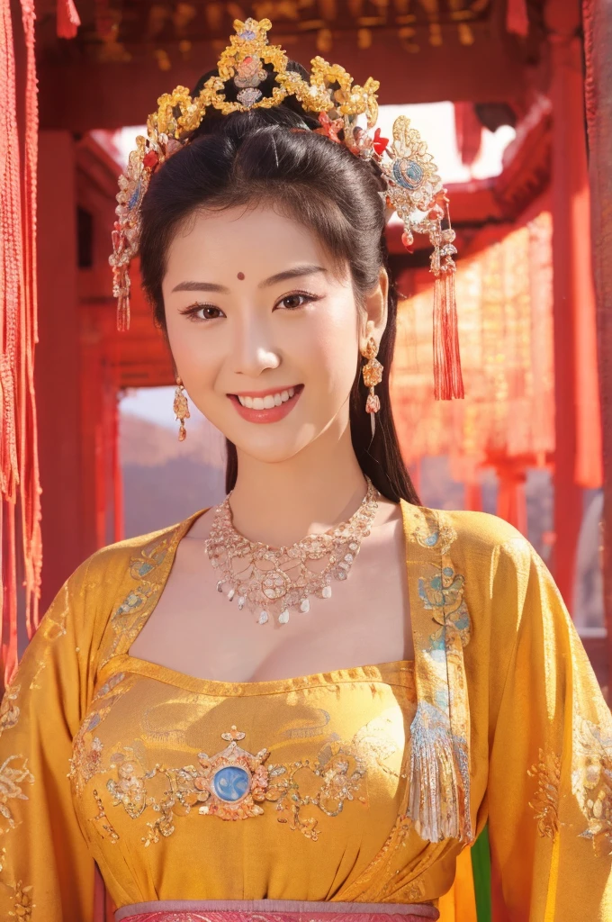 best quality, 8k, very delicate and beautiful, highly detailed face and skin texture, shiny skin, high resolution, huge tits sexy chinese girl in colorfull costume stand and smile in ancient temple, sharp focus
