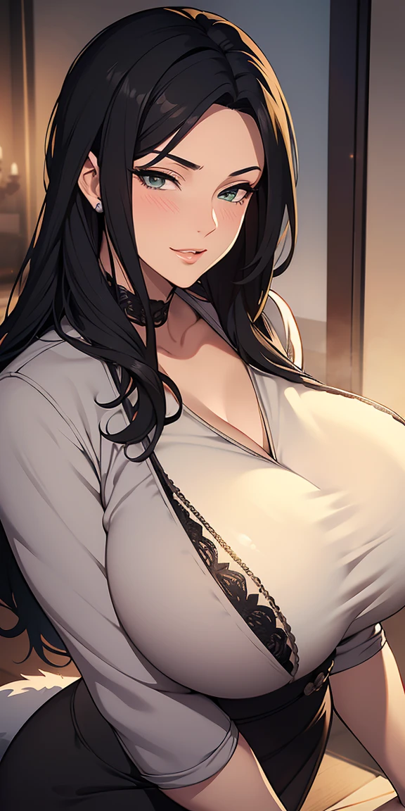 Milf, mature woman, elegant, (black hair), long hair, (silver eyes), casual clothes, (((buxom))), (((massive breasts))), g-cup breasts, bodice, fur trim, portrait, upper body, curvaceous, 4k resolution, high quality, lurid smile, lewd smile, slight blush