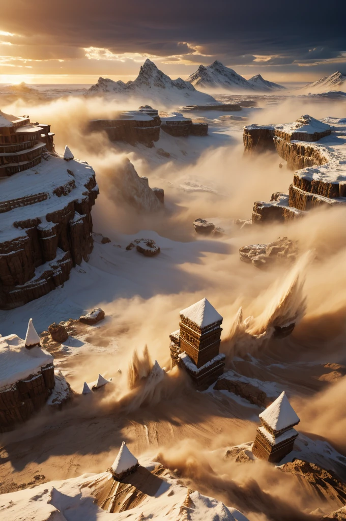 masterpiece, best quality, extremely detailed, hyperrealistic, photorealistic, sandstorm, frozen island, giant snow moutain, frozen waterfall, icicles, explosion, everything is getting sand, ominous atmosphere, aerial view shot
