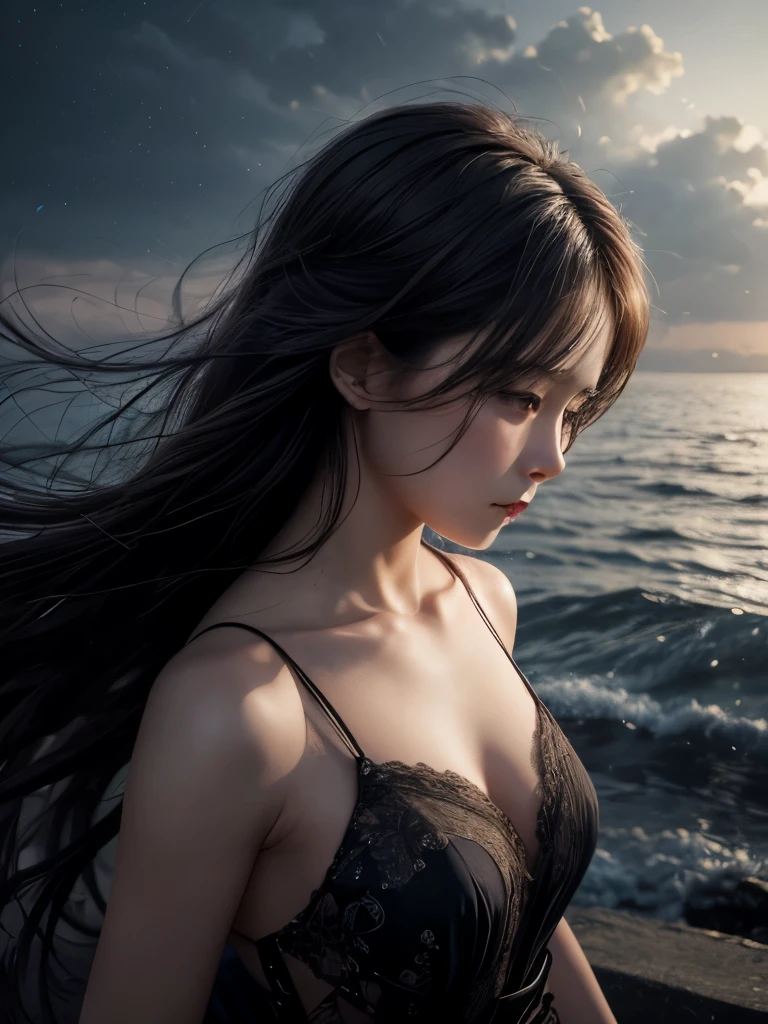 (Highest quality, masterpiece), One girl, Looking down, Wind, particle, Simple Background, Dark mood, Upper Body,