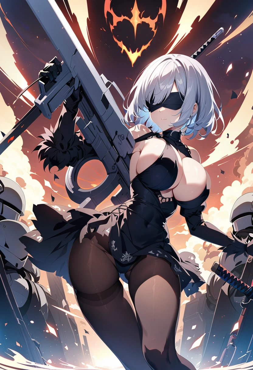 2B Nier Automata,masterpiece, 最high quality, High resolution,  Black torn clothes 、Black Pantyhose、Dark church at night、sexy、Wear a miniskirt、Thin legs、Big Breasts、Slim figure、high quality　CG Tone、Gray Hair、Black blindfold、Short Bob、Surrounded by mechanical soldiers、Fighting mechanical soldiers、stylish、Japanese sword