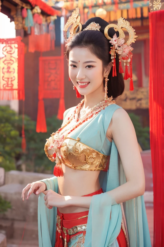 best quality, 8k, very delicate and beautiful, highly detailed face and skin texture, shiny skin, high resolution, huge tits sexy chinese girl in colorfull costume stand and smile in ancient temple, sharp focus