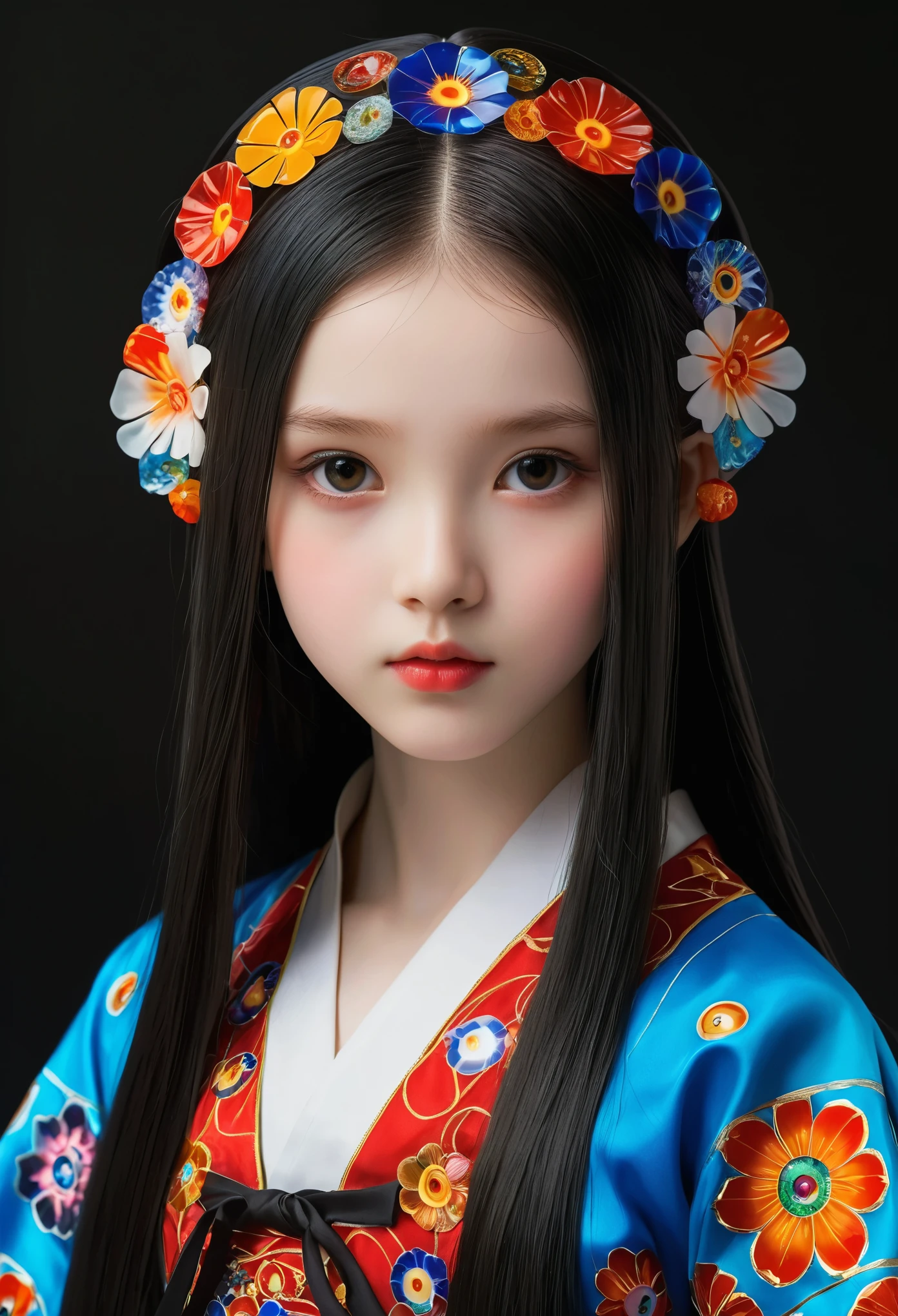 Millefiori glass style，A girl around 13 years old，Pale skin，Very long hair, Black straight hair. big、Black eyes , With a strong and mysterious expression. Dressed in orphan clothing style, More elegant and refined, Something that matches her mysterious and strong personality. comprehensive, Her presence will attract attention, Attract curious and inquisitive eyes. flat chest, movie lighting, Chromatic Aberration, Backlight, masterpiece, High Detail, high quality, 4k.
