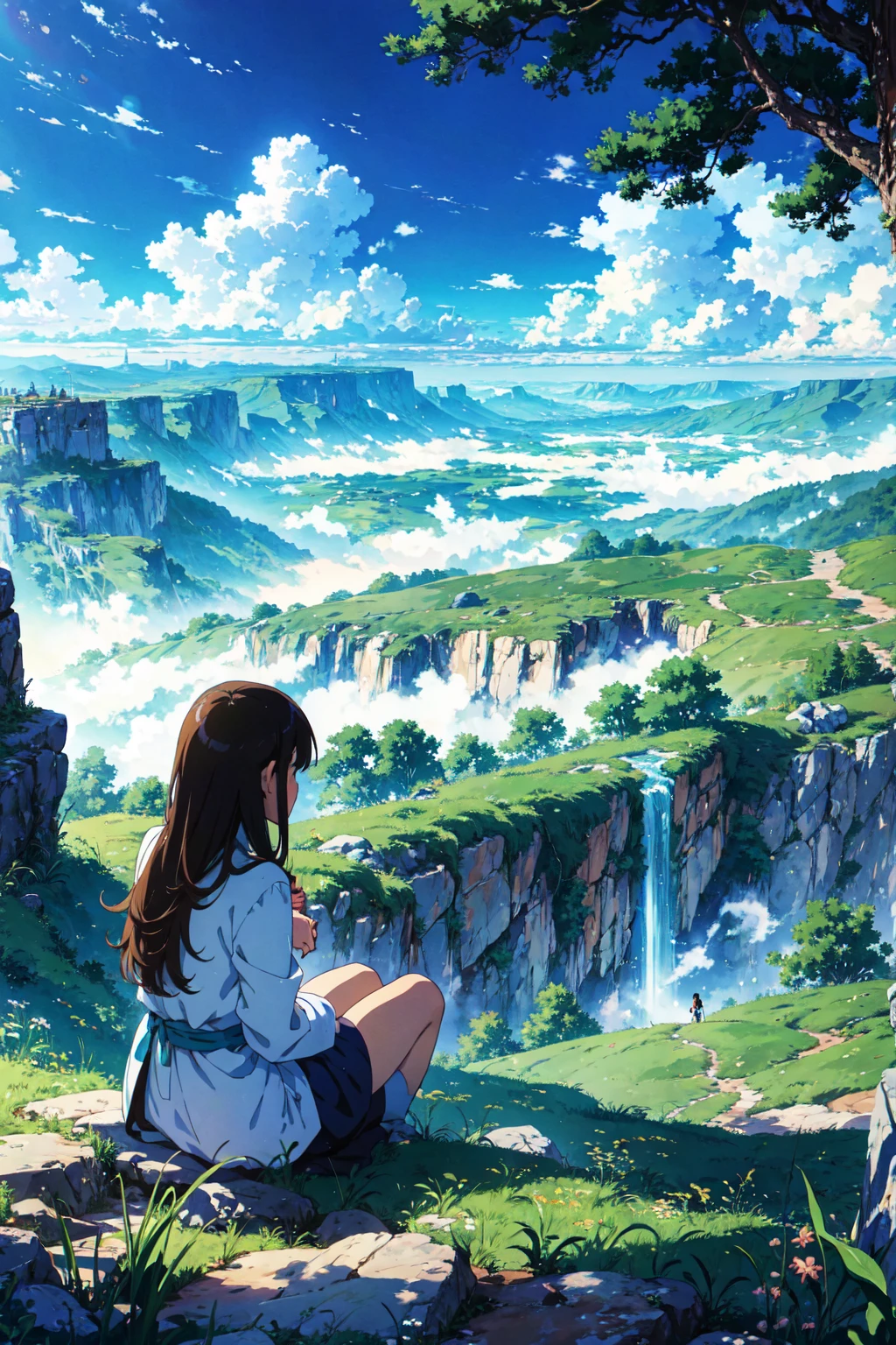 Ilustración de estilo anime, La imagen muestra a una joven sentada en la hierba mirando hacia el vasto horizonte de un cielo azul claro y un mundo medieval de fantasía.