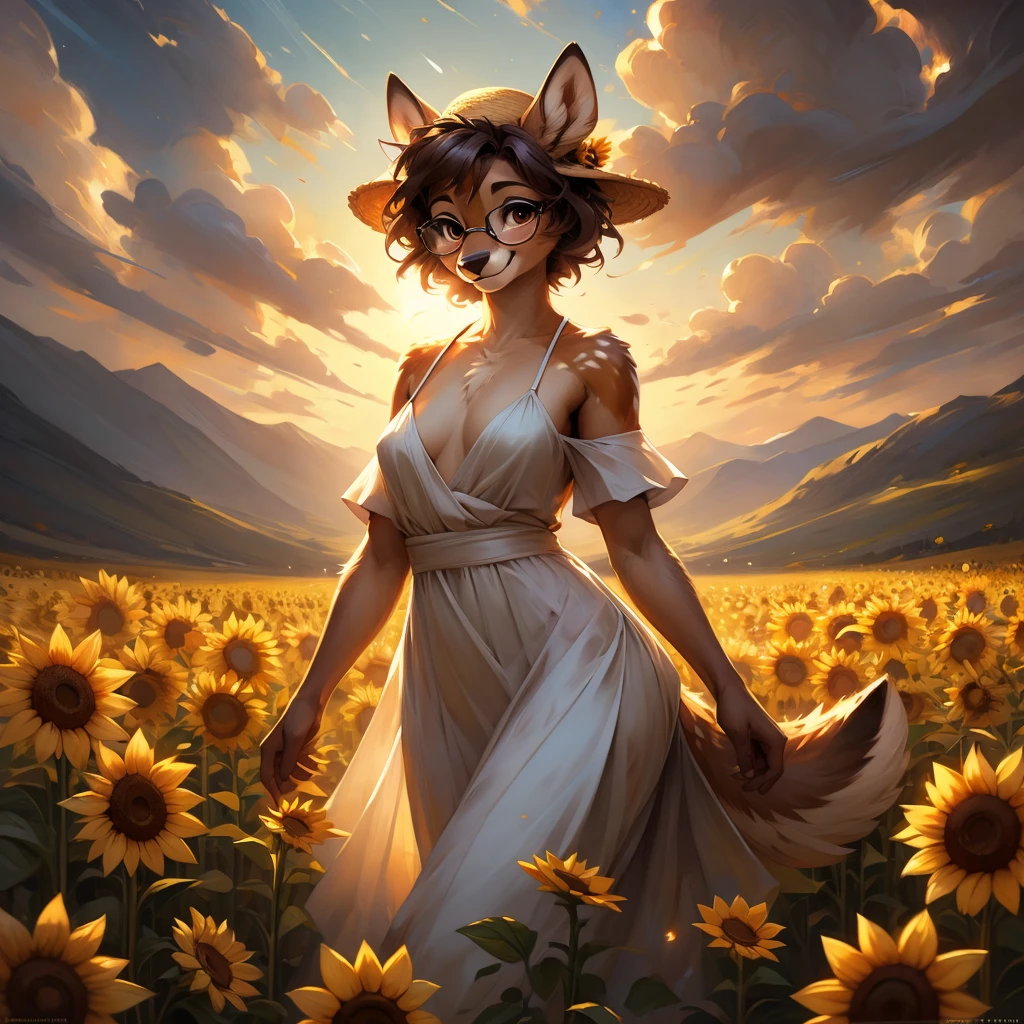 uploaded on e621, by Pixelsketcher, by Bayard Wu, by Thomas Benjamin Kennington , by Einshelm, by hioshiru and kenket, Chunie, portrait, solo anthro female deer doe, with small featureless breasts, clear dark blue, cinematic lighting, day, sunny day, sunflower field, stands in a high sunflower field, sunflower field background, sunflowers, mediterranean background, horizon background, shiny, short curly dark brown hair, wears big black nerd glasses, very very beautiful furry art, furry art, smiling, joyful, shiny, happy, feminine, cute face, muzzle, fluffy chest, flawless face, Fallow deer, 1girl, Sakimichan is beautiful, Masterpiece, Wavethesallow Face, shiny, Detailed image, portrait, Detailed image, portrait, full body, wearing pure white and wide spaghetti straps dress, wearing big and wide beige summer straw hat, shiny, realistic face, perfect anatomy, hourglass body, (furry body:1.1), anthropomorphic deer, looks at the viewer, small fluffy tail, detailed background, (cute anatomy:1.1)
