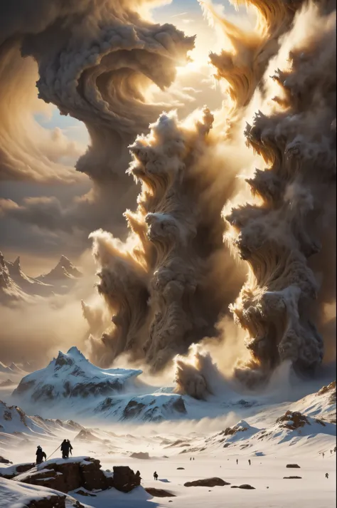 masterpiece, best quality, extremely detailed, hyperrealistic, photorealistic, sandstorm, frozen island, giant snow moutain, fro...