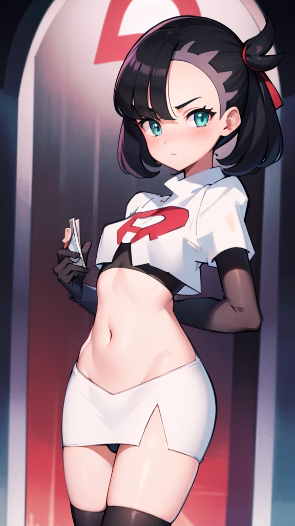 pokemon marnie, pokemon marnie, Green eyes, black fur, short hair, of collections, (small breasts:1.2),
Team Rocket,Team Rocket uniform, red letter R, White skirt,White crop top,black thigh high stockings,black elbow length gloves BREAK looking at viewer,
BREAK (Masterpiece:1.2), Best Quality, high resolution, unity wallpaper 8k, (illustration:0.8), (Beautiful detailed eyes:1.6), extremely detailed face, perfect lighting, Extremely detailed CG, (perfect hands, perfect anatomy),(a Pokeball in his hand)( black panty)( blushing and afraid)