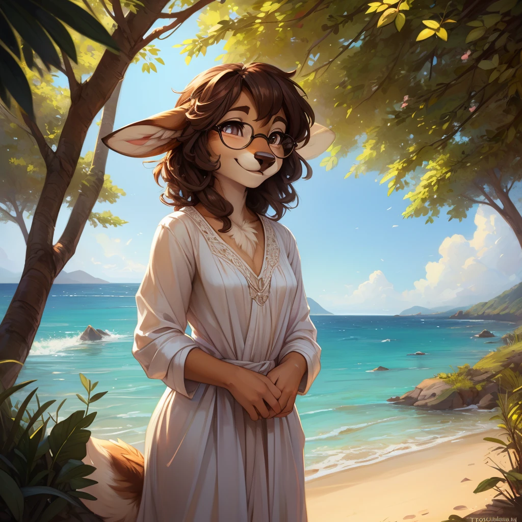 uploaded on e621, by Pixelsketcher, by Bayard Wu, by Thomas Benjamin Kennington , by Einshelm, by hioshiru and kenket, Chunie, portrait, solo anthro female deer doe, with small featureless breasts, clear dark blue, cinematic lighting, day, sunny day, beach, stays in the sea, sea background, mediterranean background, horizon background, shiny, short curly dark brown hair, wears big black nerd glasses, very very beautiful furry art, furry art, smiling, joyful, shiny, happy, feminine, cute face, muzzle, fluffy chest, flawless face, Fallow deer, 1girl, Sakimichan is beautiful, Masterpiece, Wavethesallow Face, shiny, Detailed image, portrait, Detailed image, portrait, full body, wearing wide, long, white blouse, shiny, realistic face, perfect anatomy, hourglass body, (furry body:1.1), anthropomorphic deer, small fluffy tail, detailed background, (cute anatomy:1.1), windy, smiling, very happy, happy
