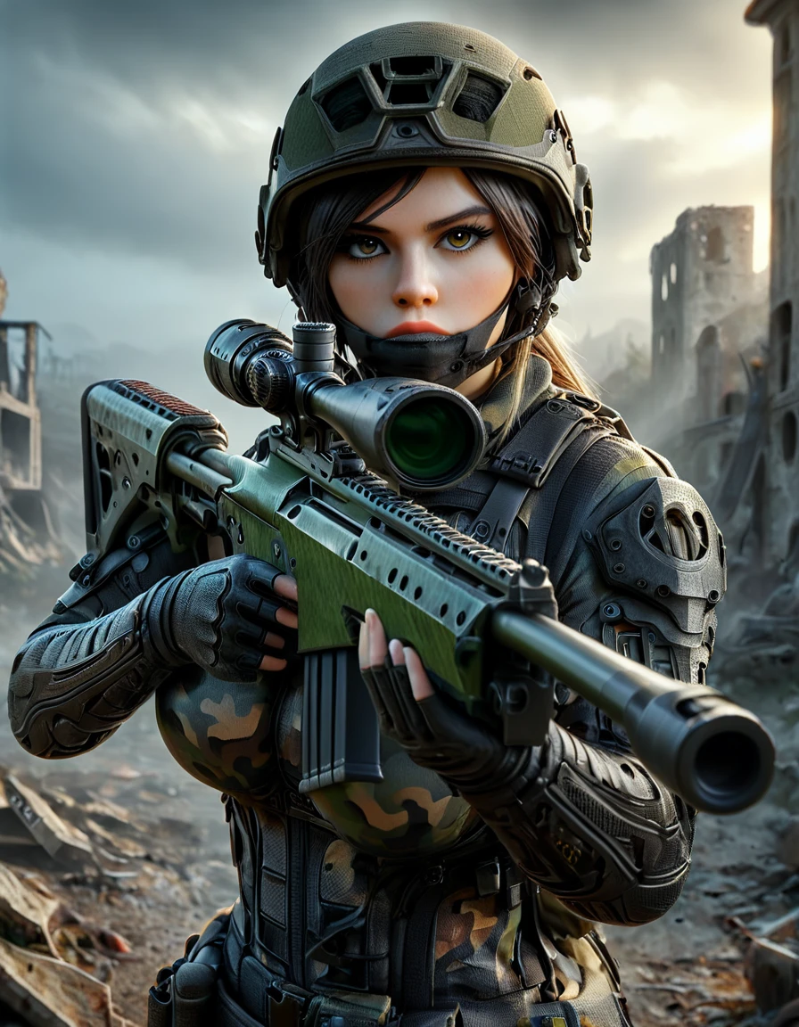 Young and very beautiful female sniper, aiming the muzzle of her sniper rifle at the viewer, detailed ideal proportions, shapely large breasts, detailed face, beautiful eyes, long eyelashes, serious expression, tactical helmet, camouflage latex suit, tactical equipment, sniper rifle, war-torn landscape, cloudy, foggy, ruins, wreckage, cinematic lighting, grainy, gloomy, dark, muted colors, realistic, 8k, high resolution, detailed description, masterpiece