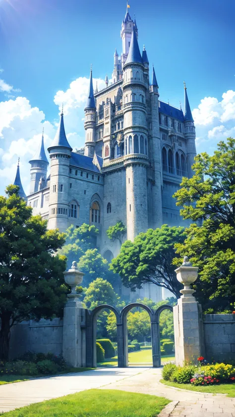 anime-style illustration, the image of very tall castle gate, bright blue sky, vibrant color.