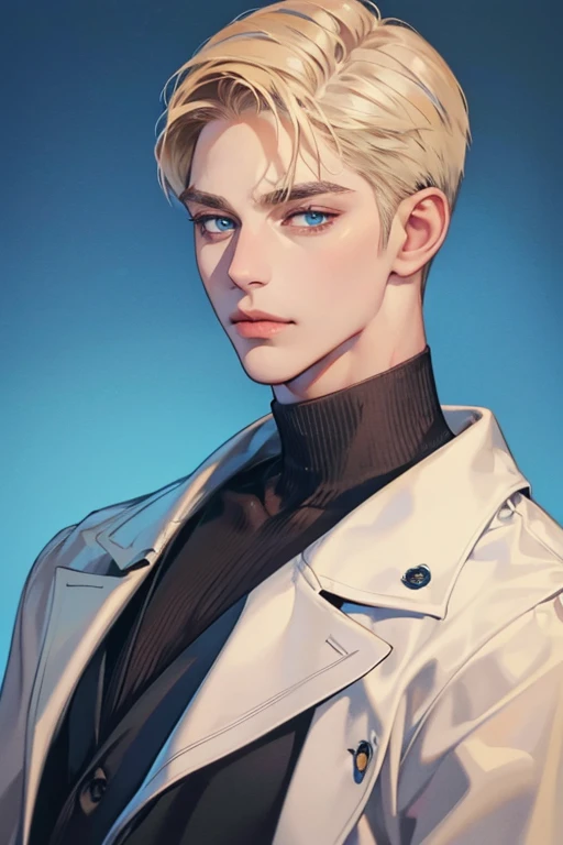 masterpiece, best quality, 1man, mature male, quiet and charming young man, 25 year old, closed mouth, portrait, extremely detailed face, closed mouth, lips nude ((blue carolina eyes)), ((short-blonde hair)), [thick eyebrows], handsome, half body, with black Turtleneck shirt, look at camera, 