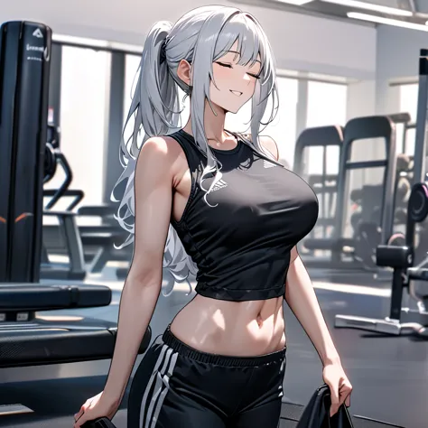 a woman wearing a short, sleeveless black shirt, exposed abdomen, muscular abdomen, closed eyes, muscular arm, black adidas gym ...