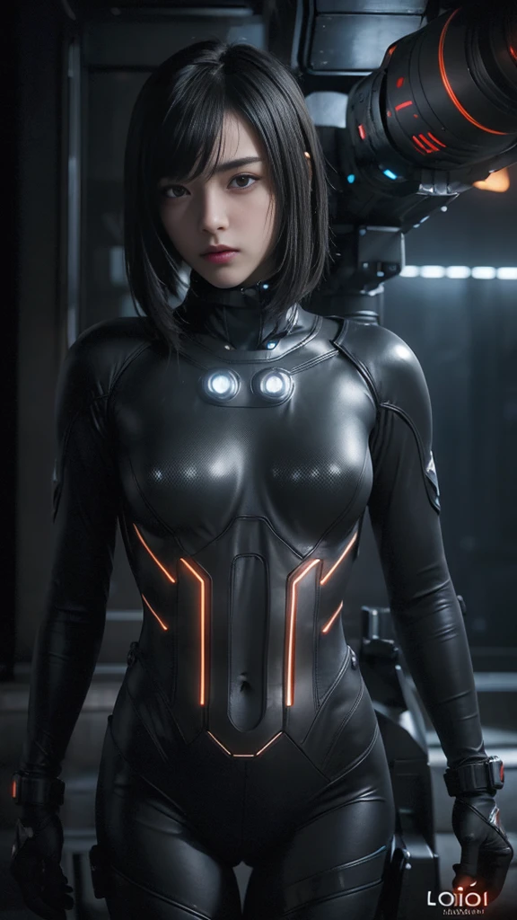 (Highest Quality:1.4),One girl,Short hair,15 years old,Alone,Split,Gantz Shimodaira Rei,Turtleneck,Pixelated background,Neon lights,Sci-fi Warm plot,Vivid colors,Bright lights,Dynamic lights,Metallic texture,Detailed shading,Holographic interface,Dark atmosphere,High contrast,Sharp focus,Twigs of hair,Reflective surfaces,Elaborate details,High resolution,Dramatic lighting,Studio lighting,Red accents,Illuminated surroundings,Artificial intelligence assistant, (Small breasts:1.4),Nipples showing,(Firing a big gun in matte black:1.3)