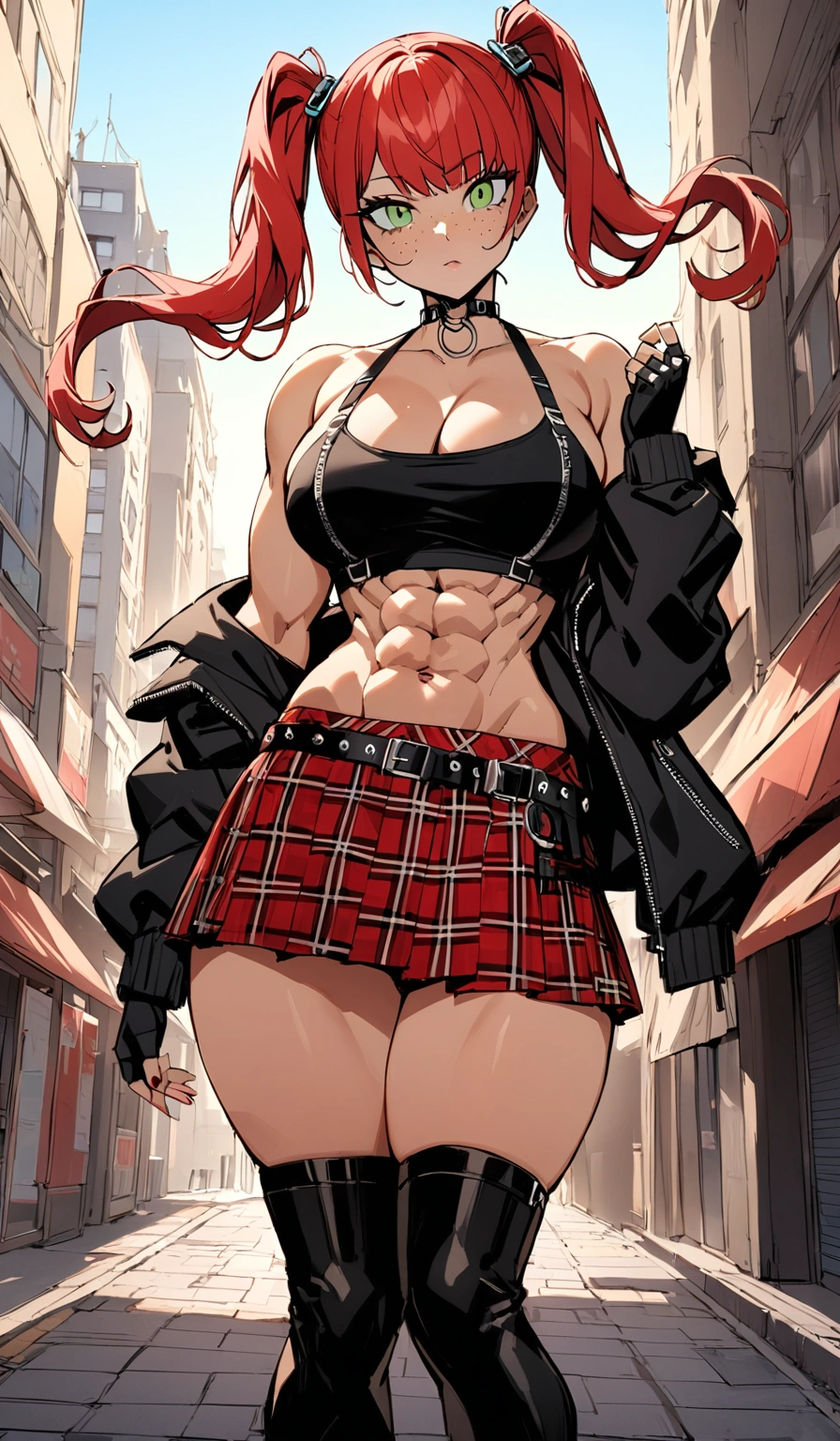 woman, curly red hair in pig tails, green eyes, wearing crop top black shirt, long black jacket, red plaid skirt, (black knee high boots), black fingerless gloves, exposed shoulders, large breasts, thick thighs, freckles, cleavage, abs, looking at viewer, masterpiece, best quality, an14, Holo-Punk Style, in the city