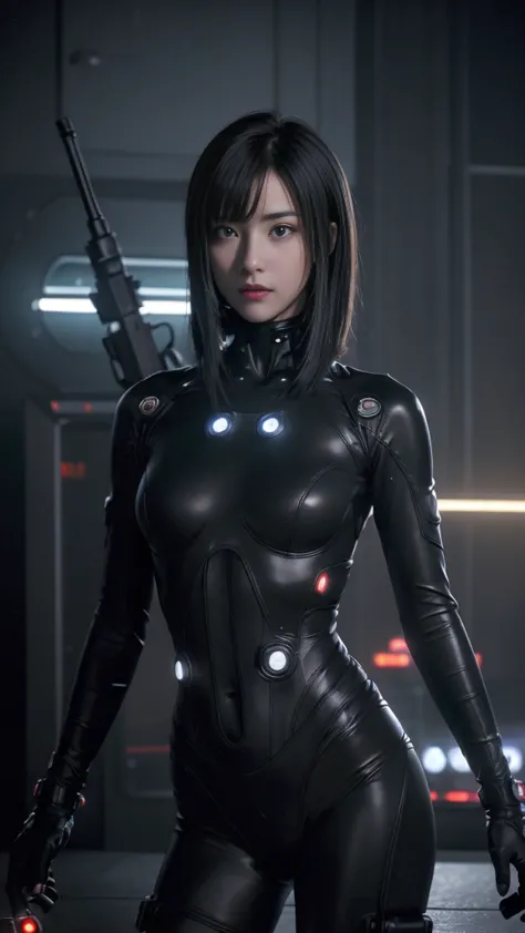 (highest quality:1.4),one girl,short hair,15 years old,alone,split,gantz shimodaira rei,turtleneck,pixelated background,neon lig...