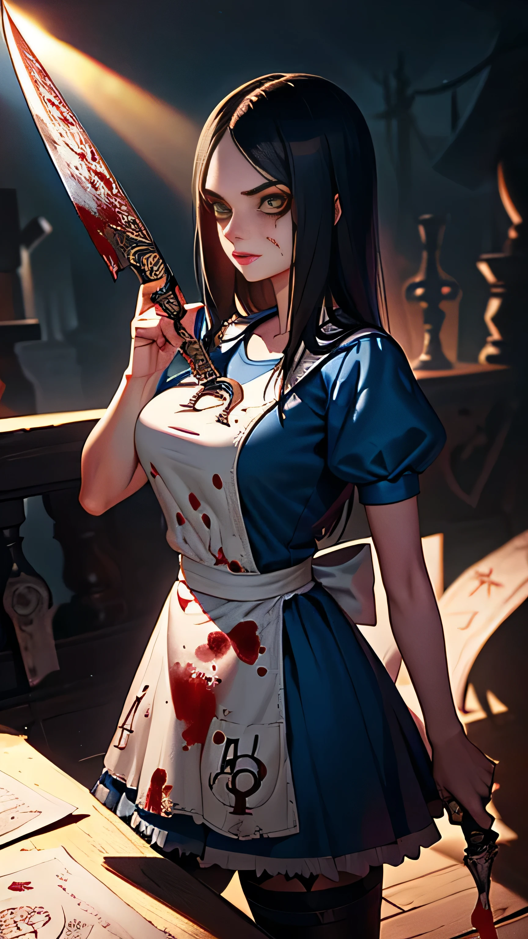 teenager with big breasts with little clothes, dressed as alice madness returns, at night, with a knife in his hand, blood stained suit