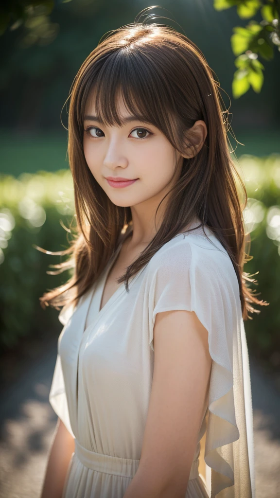 (Highest quality,8K quality,masterpiece:1.3),(Ultra-high resolution,Realistic:1.4,Live Shooting),(Very detailed,Caustics),(Ultra-Realistic Capture,Beautiful and detailed skin),19 years old,Beautiful Japanese, Medium Hair, Messy Hair, Asymmetrical bangs, Brown Hair, I'm looking at the camera with a smile on my face,Soft Light,A ray of light shining from above,Natural light,