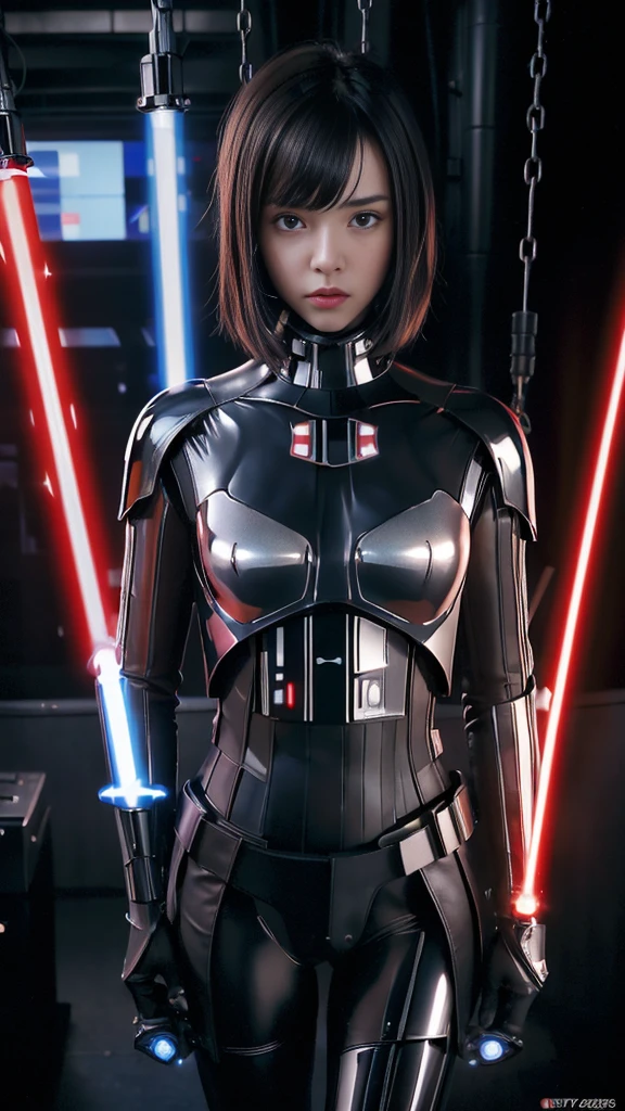 (Highest Quality:1.4),One girl,Short hair,15 years old,Alone,Split,Gantz Shimodaira Rei,Turtleneck,Pixelated background,Neon lights,Sci-fi Warm plot,Vivid colors,Bright lights,Dynamic lights,Metallic texture,Detailed shading,Holographic interface,Dark atmosphere,High contrast,Sharp focus,Twigs of hair,Reflective surfaces,Elaborate details,High resolution,Dramatic lighting,Studio lighting,Red accents,Illuminated surroundings,Artificial intelligence assistant, (Small breasts:1.4),Nipples showing,(Lightsaber swing:1.3)