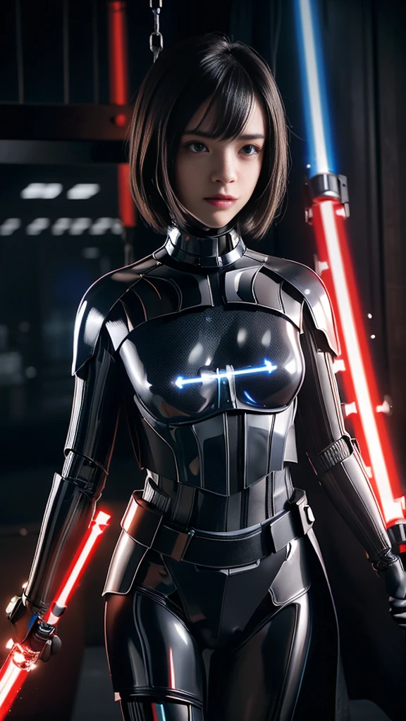 (Highest Quality:1.4),One girl,Short hair,15 years old,Alone,Split,Gantz Shimodaira Rei,Turtleneck,Pixelated background,Neon lights,Sci-fi Warm plot,Vivid colors,Bright lights,Dynamic lights,Metallic texture,Detailed shading,Holographic interface,Dark atmosphere,High contrast,Sharp focus,Twigs of hair,Reflective surfaces,Elaborate details,High resolution,Dramatic lighting,Studio lighting,Red accents,Illuminated surroundings,Artificial intelligence assistant, (Small breasts:1.4),Nipples showing,(Lightsaber swing:1.3)