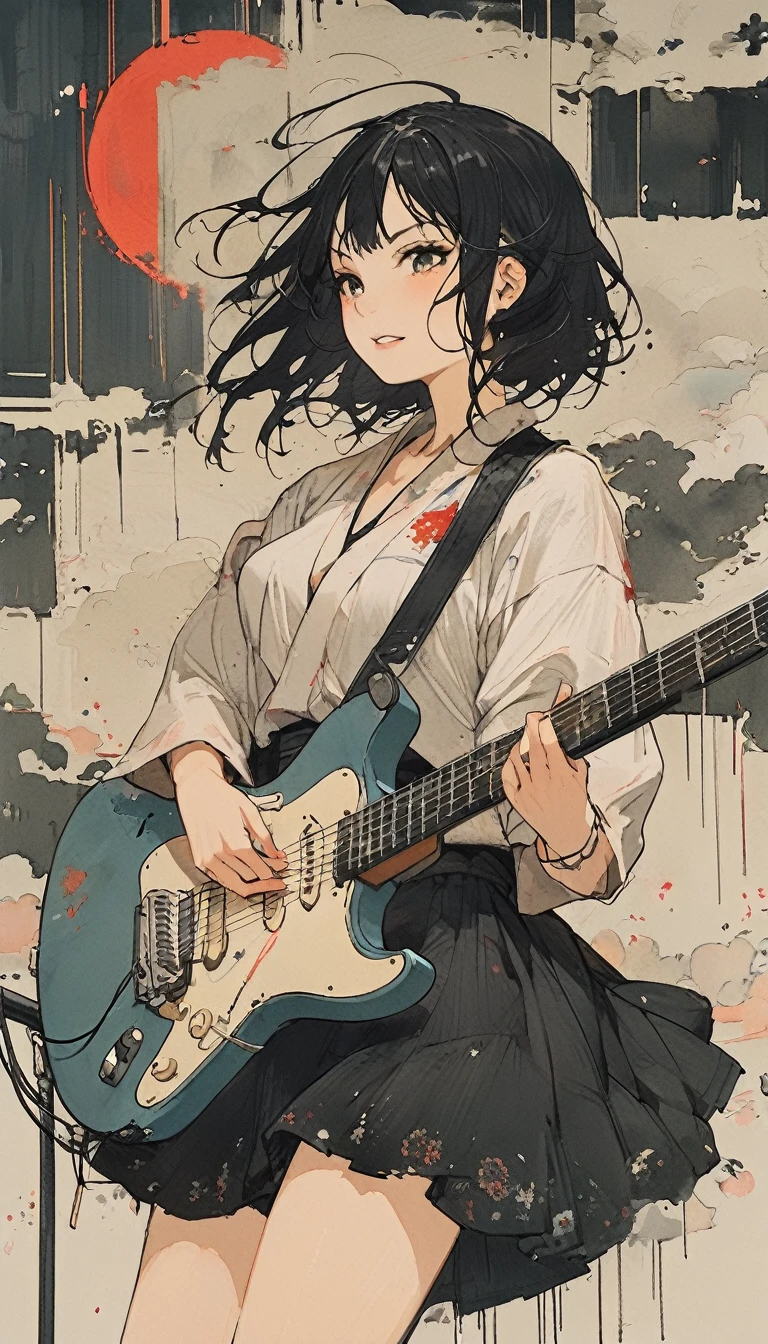 Der Stil des Kawanabe Kyosai、schwarzes Haar、Hime-Schnitt、2、Frau、E-Gitarre spielen