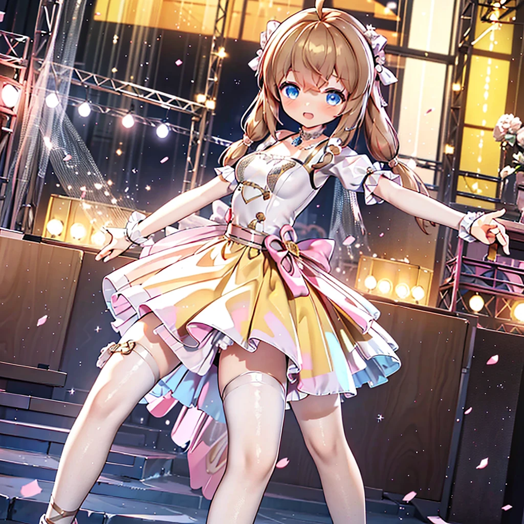 Solo girl, comical, kawaii, Blue eyes, light brown hair, back high twintails, front braids, yellow princess dress, yellow dress, open mouth smile, front view, dance at the stage, neon and led lights, posing, sexy, high-resolution image, masterpiece, high quality, attractive eyes
