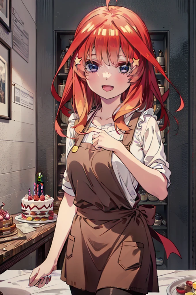 itsukinakano, Itsuki Nakano, bangs, blue eyes, Hair between the eyes, Ahoge, Redhead, star \(symbol\), hair ornaments,happy smile, smile, Open your mouth,cracker, star hair ornaments,Red Tank Top,Long skirt,Black pantyhose,apron,Walking,There is food and a birthday cake on the table,
break indoors, room,
break looking at viewer,Upper Body,
break (masterpiece:1.2), Highest quality, High resolution, unity 8k wallpaper, (figure:0.8), (Beautiful attention to detail:1.6), Highly detailed face, Perfect lighting, Highly detailed CG, (Perfect hands, Perfect Anatomy),