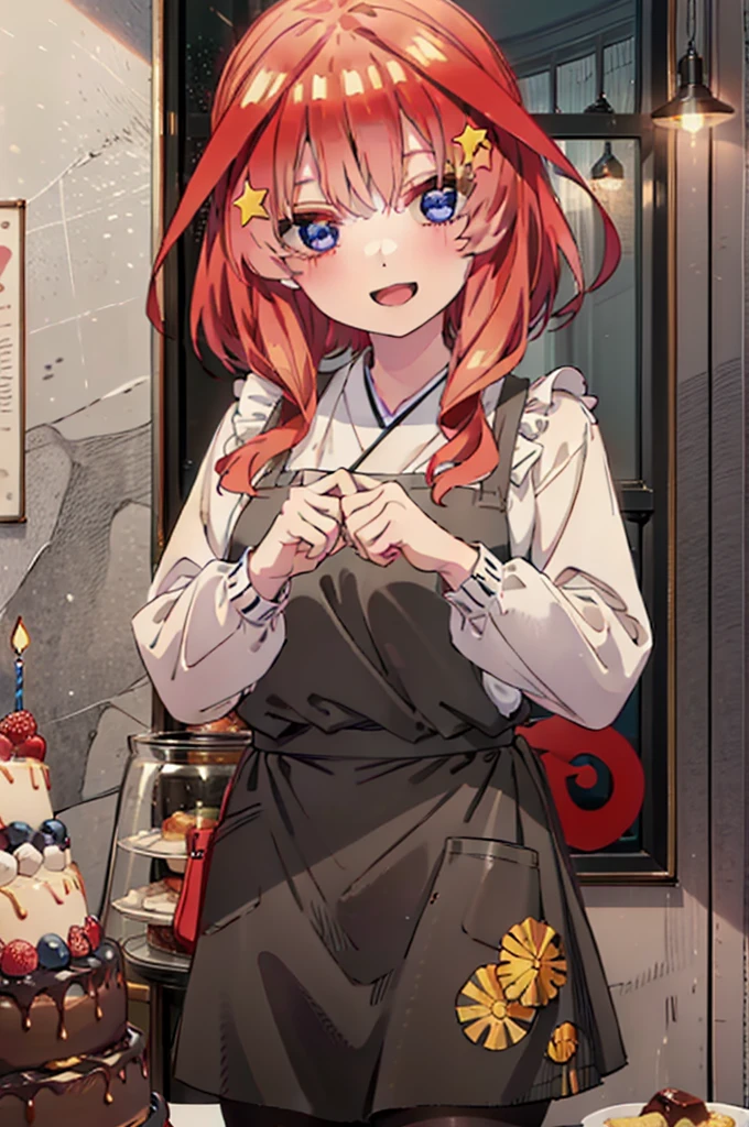 itsukinakano, Itsuki Nakano, bangs, blue eyes, Hair between the eyes, Ahoge, Redhead, star \(symbol\), hair ornaments,happy smile, smile, Open your mouth,cracker, star hair ornaments,Red Tank Top,Long skirt,Black pantyhose,apron,Walking,There is food and a birthday cake on the table,
break indoors, room,
break looking at viewer,Upper Body,
break (masterpiece:1.2), Highest quality, High resolution, unity 8k wallpaper, (figure:0.8), (Beautiful attention to detail:1.6), Highly detailed face, Perfect lighting, Highly detailed CG, (Perfect hands, Perfect Anatomy),