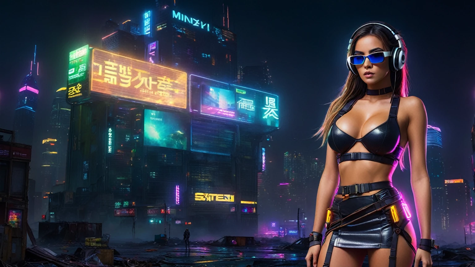 dark futuristic landscape, at night, neon lights, Atmospheric fog, large buildings in the background, futuristic city, streets with open shops, skyscraper (postapocalyptic city:1.3). (((1girl, solo, alone))), large-breast:1.2 slim body, cleavage:1.1, sexy miniskirt, (((headphone, black sunglasses, standing and holding pistol pose))), (((half-body thigh level medium shot))), cinematic lighting, lens flare, ray tracing.