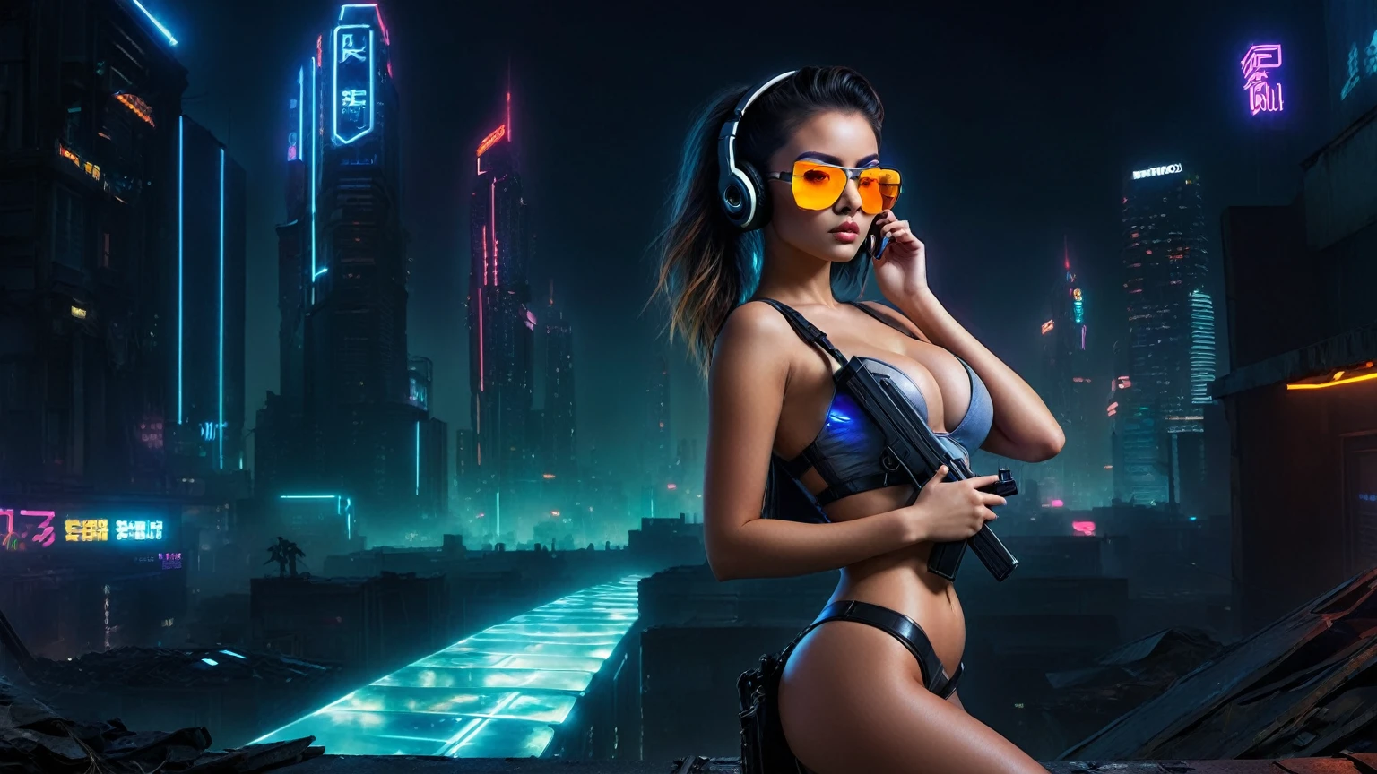 dark futuristic landscape, at night, neon lights, Atmospheric fog, large buildings in the background, futuristic city, streets with open shops, skyscraper (postapocalyptic city:1.3). (((1girl, solo, alone))), large-breast:1.2 slim body, cleavage:1.1, sexy miniskirt, (((headphone, black sunglasses, standing and holding pistol pose))), (((half-body thigh level medium shot))), cinematic lighting, lens flare, ray tracing.