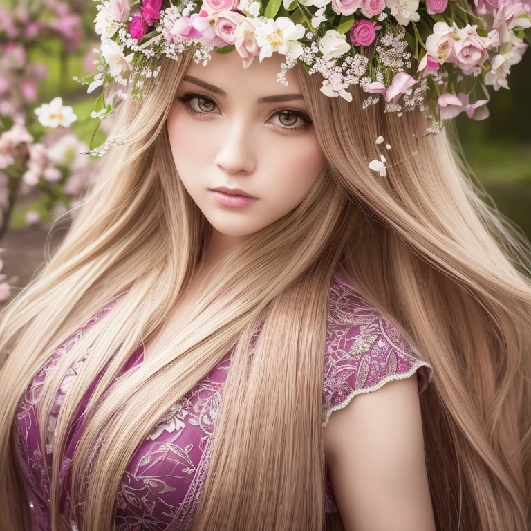 a beautiful anime girl with long flowing hair, intricately detailed face and features, large expressive eyes, delicate nose and lips, wearing an elegant, ornate dress, surrounded by beautiful flowers in her hair, serene and enchanting expression, highly detailed digital art, guweiz style, artstation, pixiv, 4k, masterpiece, best quality, photorealistic, ultra-detailed, vibrant colors, soft lighting, atmospheric, magical, whimsical