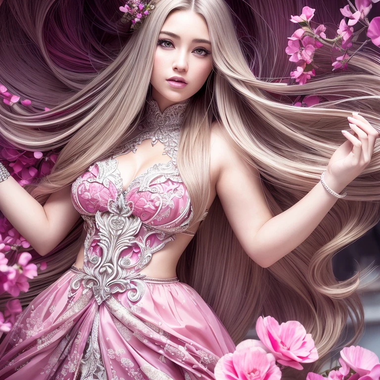 a beautiful anime girl with long flowing hair, intricately detailed face and features, large expressive eyes, delicate nose and lips, wearing an elegant, ornate dress, surrounded by beautiful flowers in her hair, serene and enchanting expression, highly detailed digital art, guweiz style, artstation, pixiv, 4k, masterpiece, best quality, photorealistic, ultra-detailed, vibrant colors, soft lighting, atmospheric, magical, whimsical