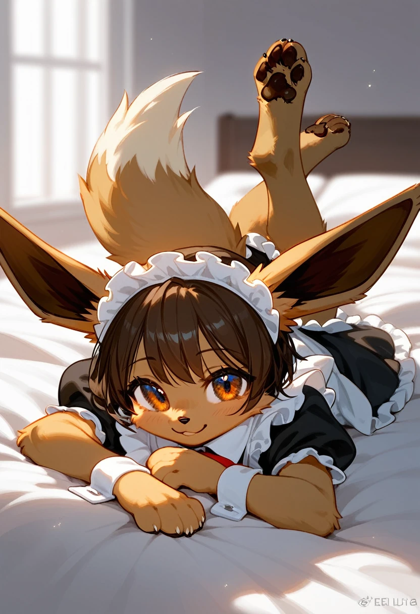 Solo, score_9,score_8_up score_7_up, anthro, Eevee, pokemon, brown fur, female, femboy, maid dress, maid clothes, smiling, looking at viewer, laying prone, prone, feet kicked up in the air, on a bed, close up, four toes, 4 toes, feet, paws, focus on feet, pawpads, pawpad, cute paws, furry paws, (sfw:1.2), cute