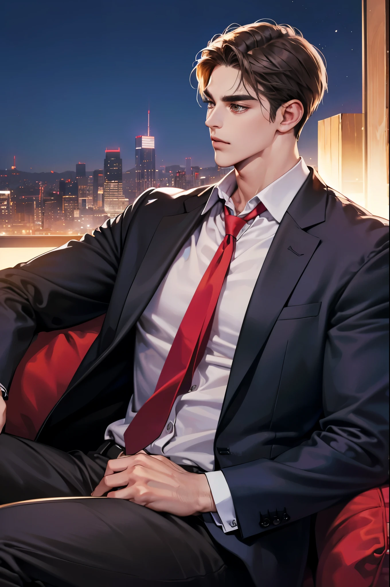 (absurdres, highres, ultra detailed, realistic, ), 1 male, solo, adult, mature, tall muscular guy, ,（sitting on a sofa,cross-legged）, broad shoulders, handsome, very short hair, black hair, brown eyes, angular jaw, thick neck, thick eyebrows, night, dark, the night view of the city background, formal suit, necktie, upper body