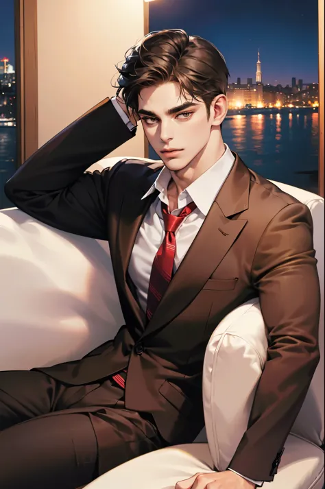 (absurdres, highres, ultra detailed, realistic, ), 1 male, solo, adult, mature, tall muscular guy, ,（sitting on a sofa,cross-leg...