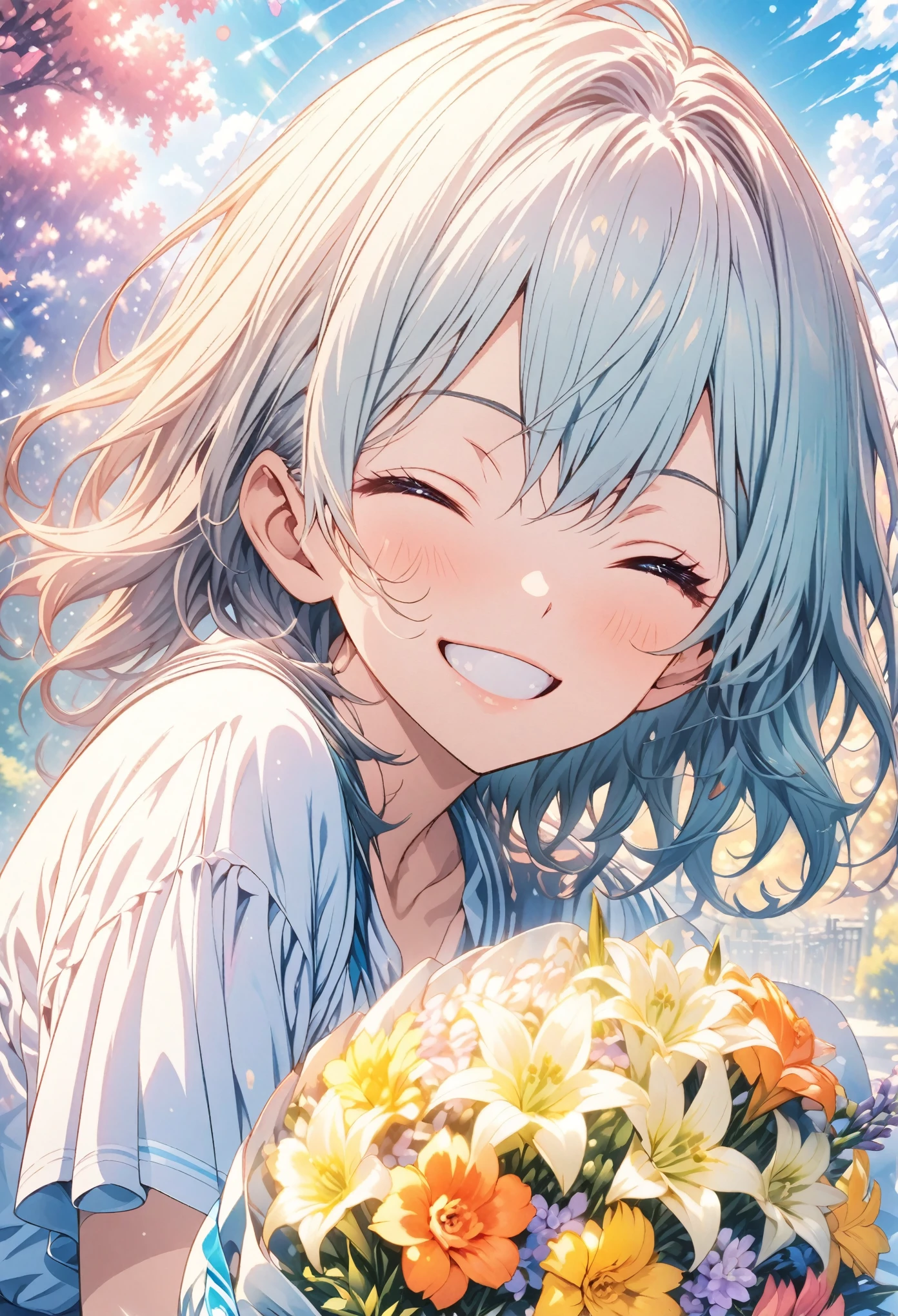 masterpiece, Highest quality, Highly detailed CG Unity 8k wallpaper, High school girl anime illustration. Wearing 、Have a colorful bouquet。 she has her eyes closed and mouth open, smile. The background is a bright pastel colored landscape