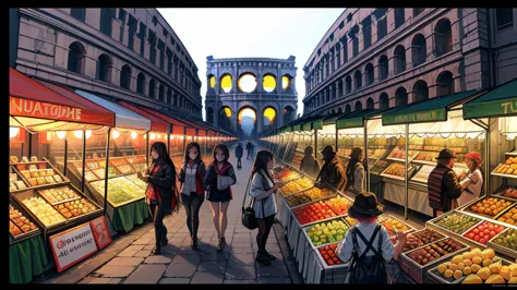 (high resolution, high detail, best quality), the colosseum market, full of mersenarios and vendors