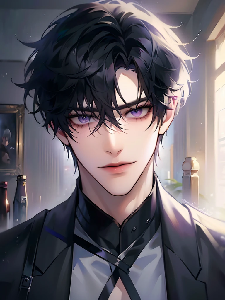 (masterpiece, 8k, high quality, best quality:1.6), 1boy, solo, short hair, black hair, asymmetrical fringe, purple eyes, handsome, sharp eyes, (mature male, mature:1.2), male focus, fashionable, tucked in open purple collared shirt, necklace, indoors, bedroom, light brown wallpaper, close up, smile, long eyelashes, soft shadows, holding phone, selfie, mirror, perfect anatomy