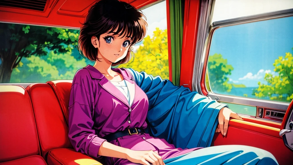 One Woman、sitting in the passenger seat of a car、８０Retro anime style of the 1980s、Vivid colors、Image of a woman from inside a car、Looking forward、
