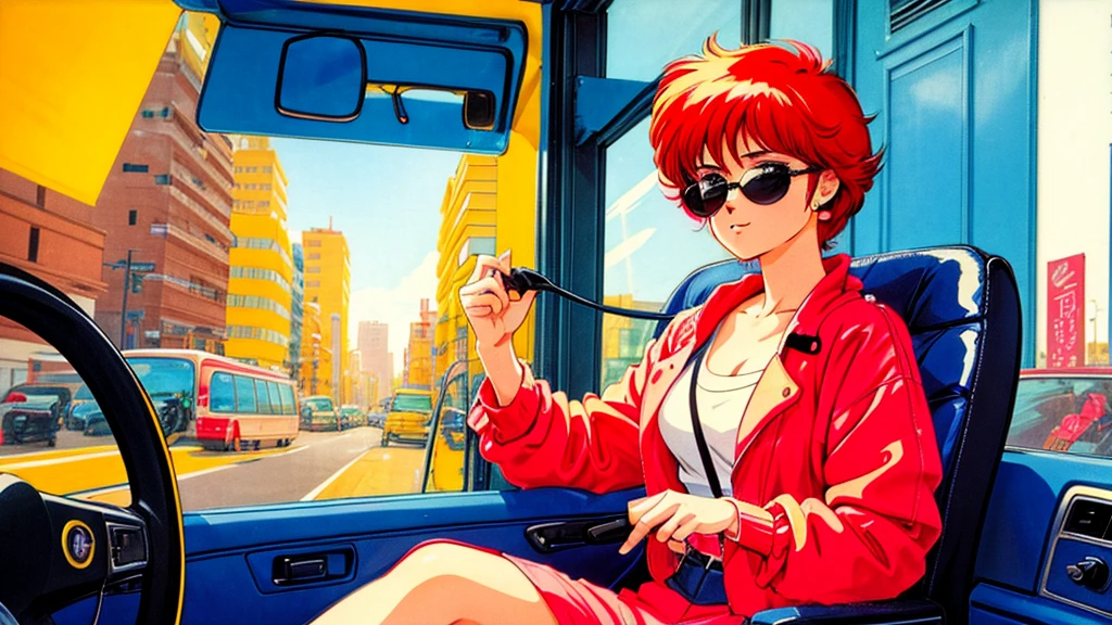 Create an anime-style image of a woman driving a car in an 80s city pop fashion. The woman is seated in the driver's seat, looking forward while holding the steering wheel. She is dressed in 80s fashion, wearing large sunglasses and retro clothing. Use vivid colors and warm lighting to recreate the 80s city pop atmosphere.

